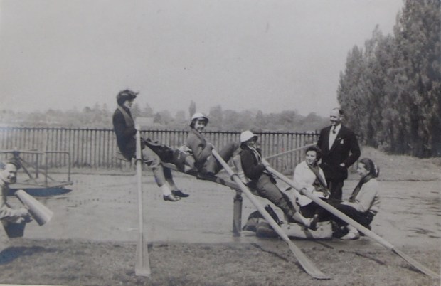 Reading University WBC having fun after the UWRA IVs regatta in Southampton, 1955