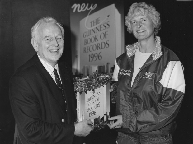 b/w photo of Ann Sayer with Norris McWhirter