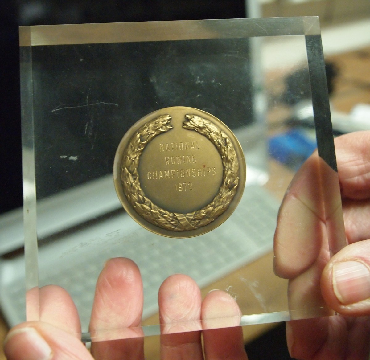 medal in perspex block 1972