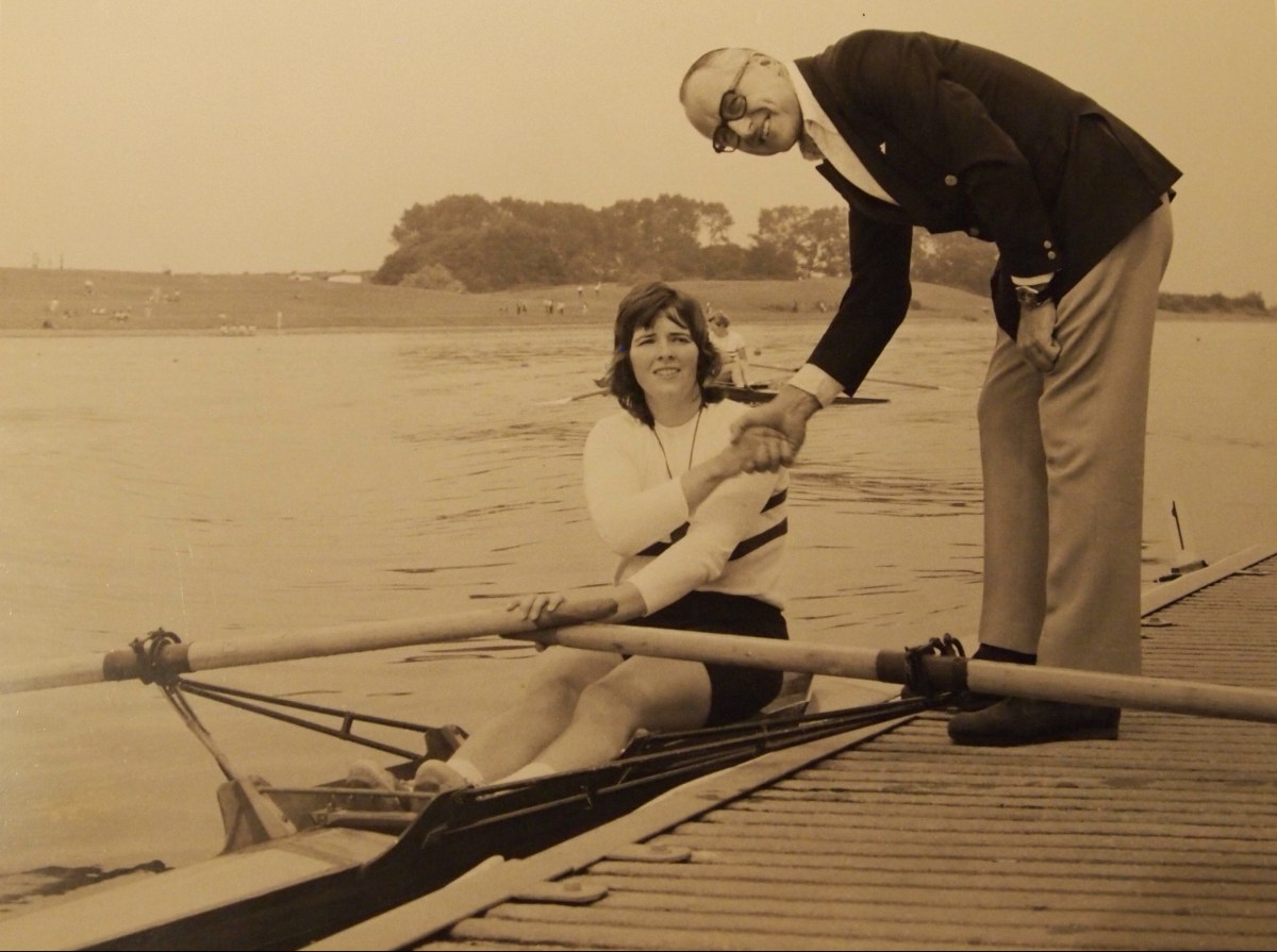 Rosie in scull on presentation pontoon