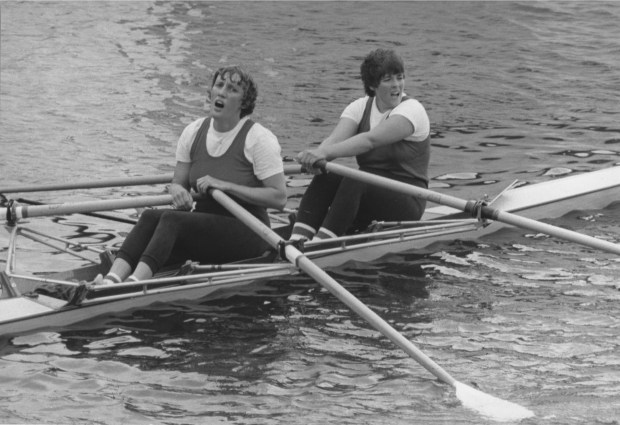 Astrid Ayling and Rosie Clugston in a double scull in 1982