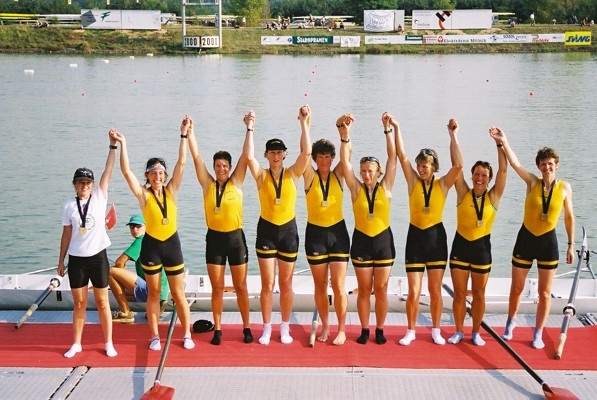 World Masters regatta eight getting medals