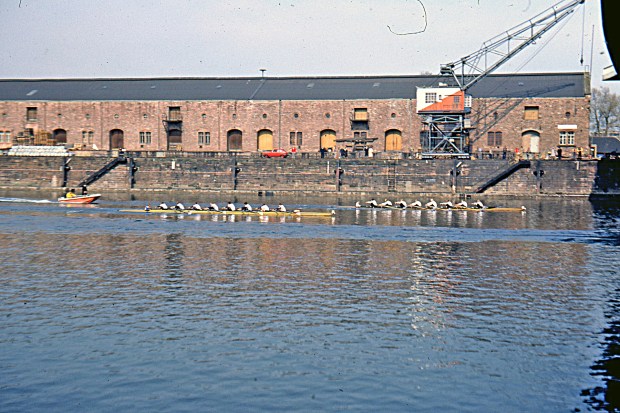Women's eights racing at the docks course in Mannheim