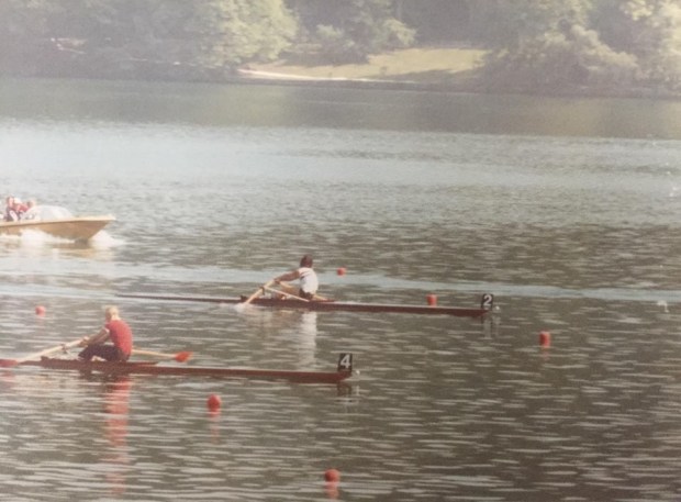 Two women scullers racing.