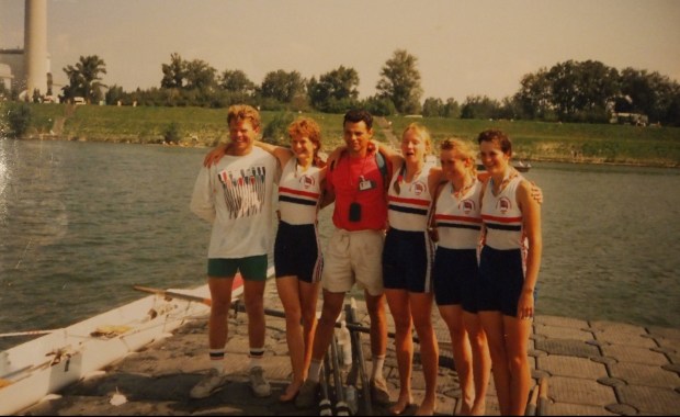 Crew and coaches on landing stage