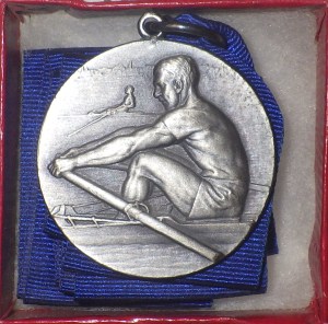 silver medal with blue ribbon