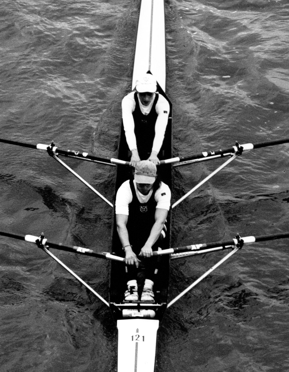 b/w photo of women's double