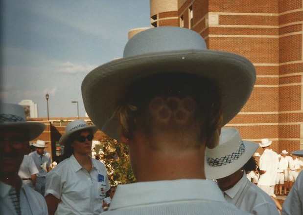 Olympic rings cut into back of hair