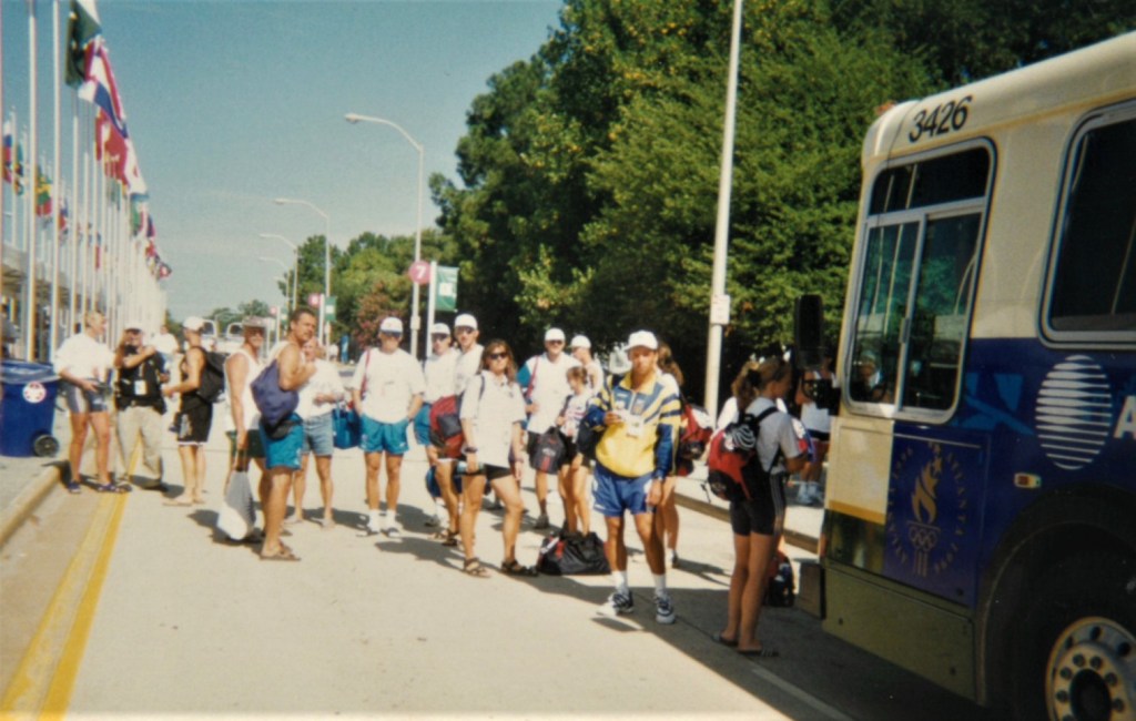 Athletes queuing for bus