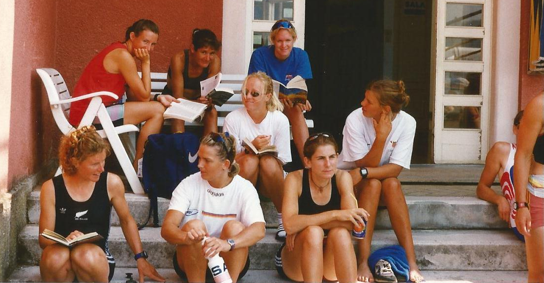 Women sitting on steps waiting