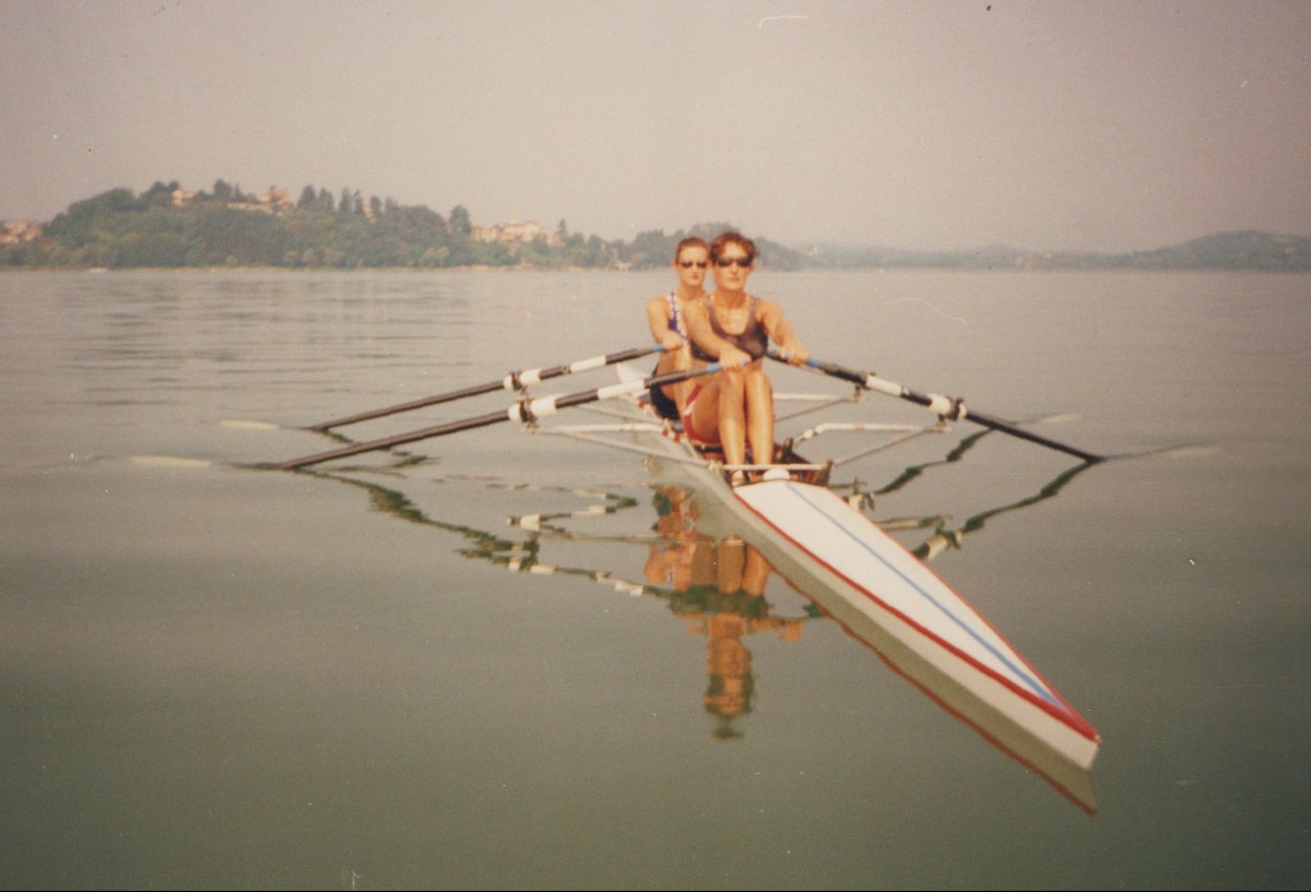 double scull on mirror-flat water