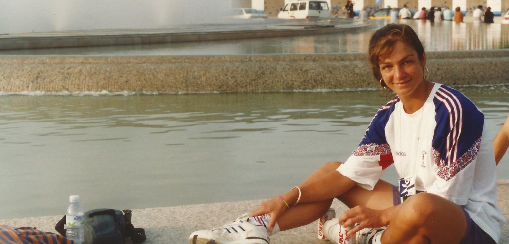 Dot by fountain in Barcelona 1992