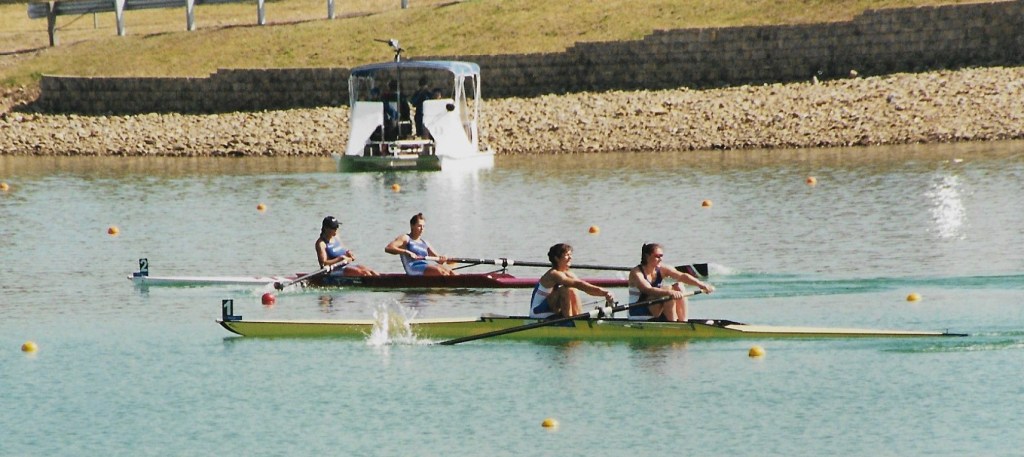 Two women's pairs racing, RUS ahead of GBR