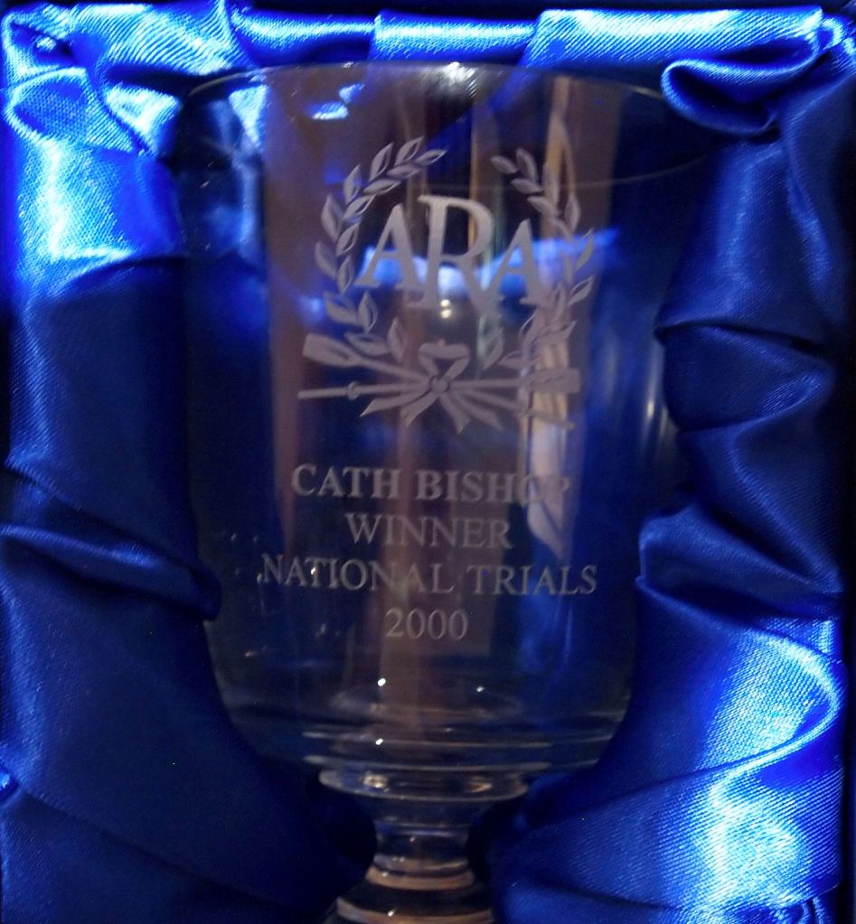 Glass goblet with inscription "Cath Bishop, Winner, National Trials 2000".