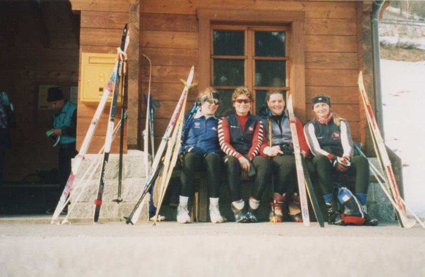 Women by ski chalet