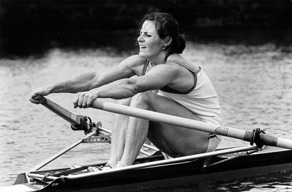 Side shot of Beryl sculling in Glyn Locke boat